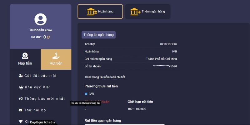 Giao diện rút tiền đơn giản trong ứng dụng 1XBIT trên di động
